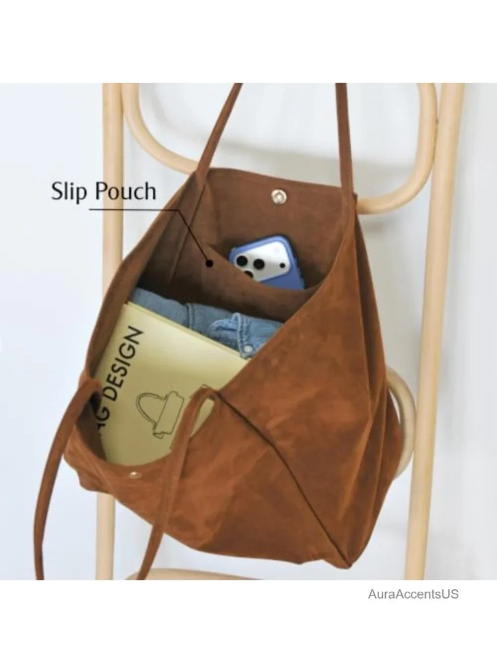 Oversized Faux Suede Tote Bag for Women - Lightweight, Magnetic Snap, Laptop